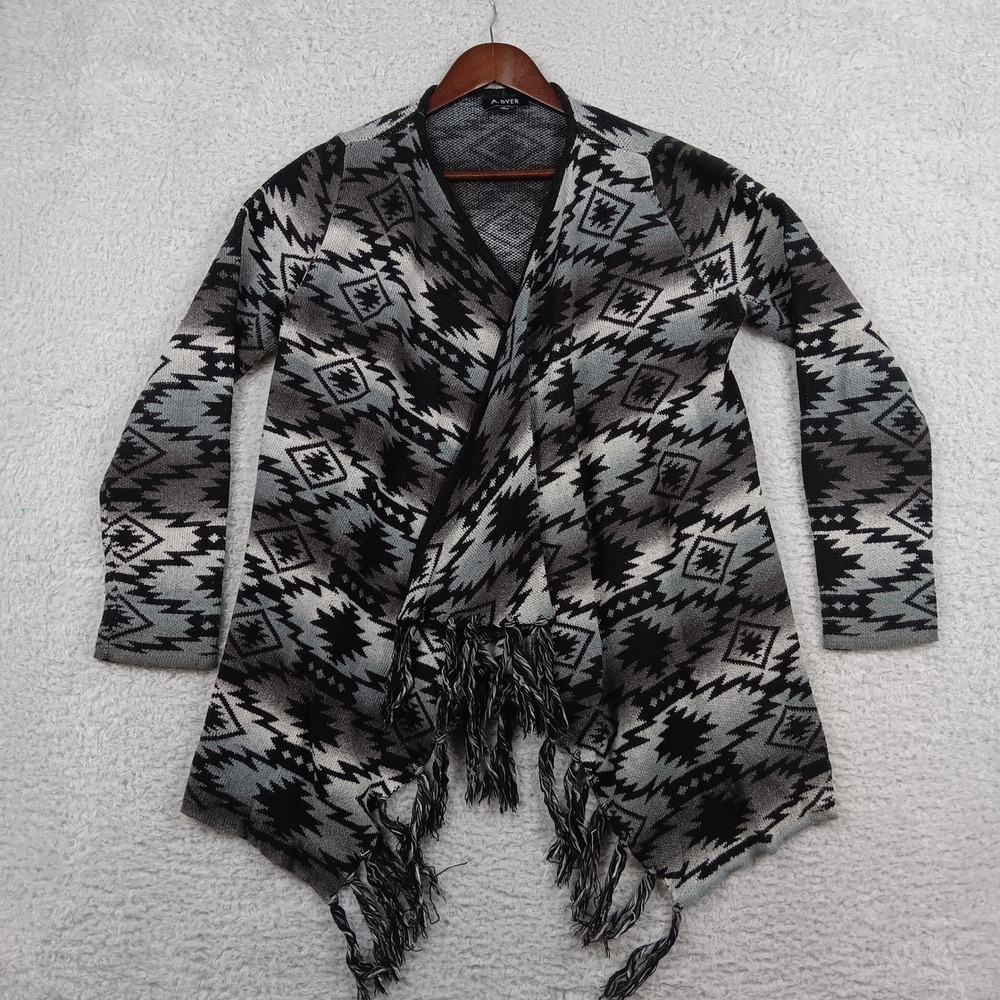 A. Byer Cardigan Southwestern Women L Gray Geometric Fringe 1081W1N